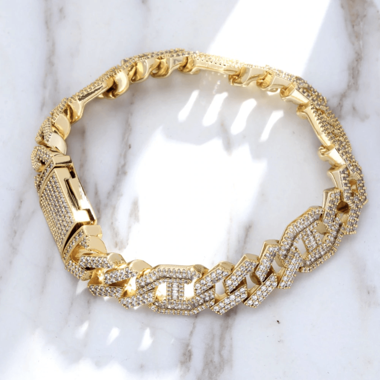14mm Prong Baguette Coffee Bean Curb Bracelet 18K - ICECI