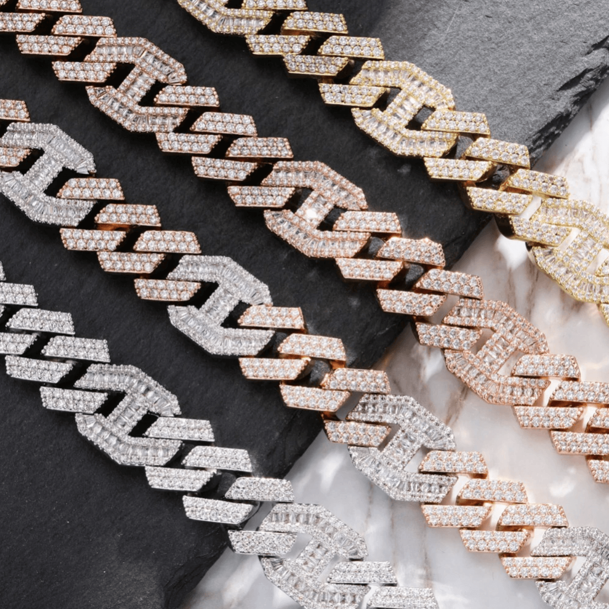 14mm Prong Baguette Coffee Bean Curb Chain 18K - ICECI