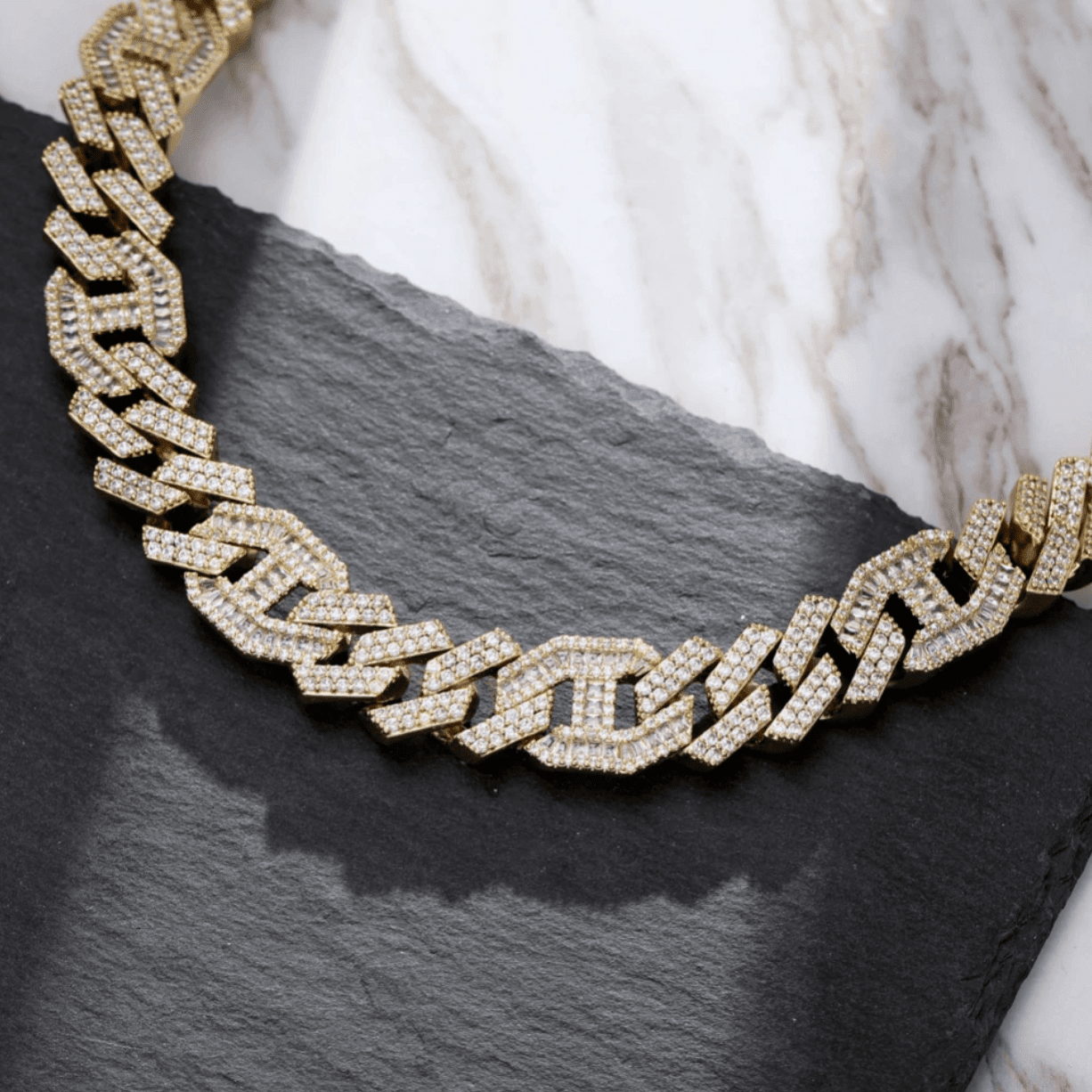 14mm Prong Baguette Coffee Bean Curb Chain 18K - ICECI