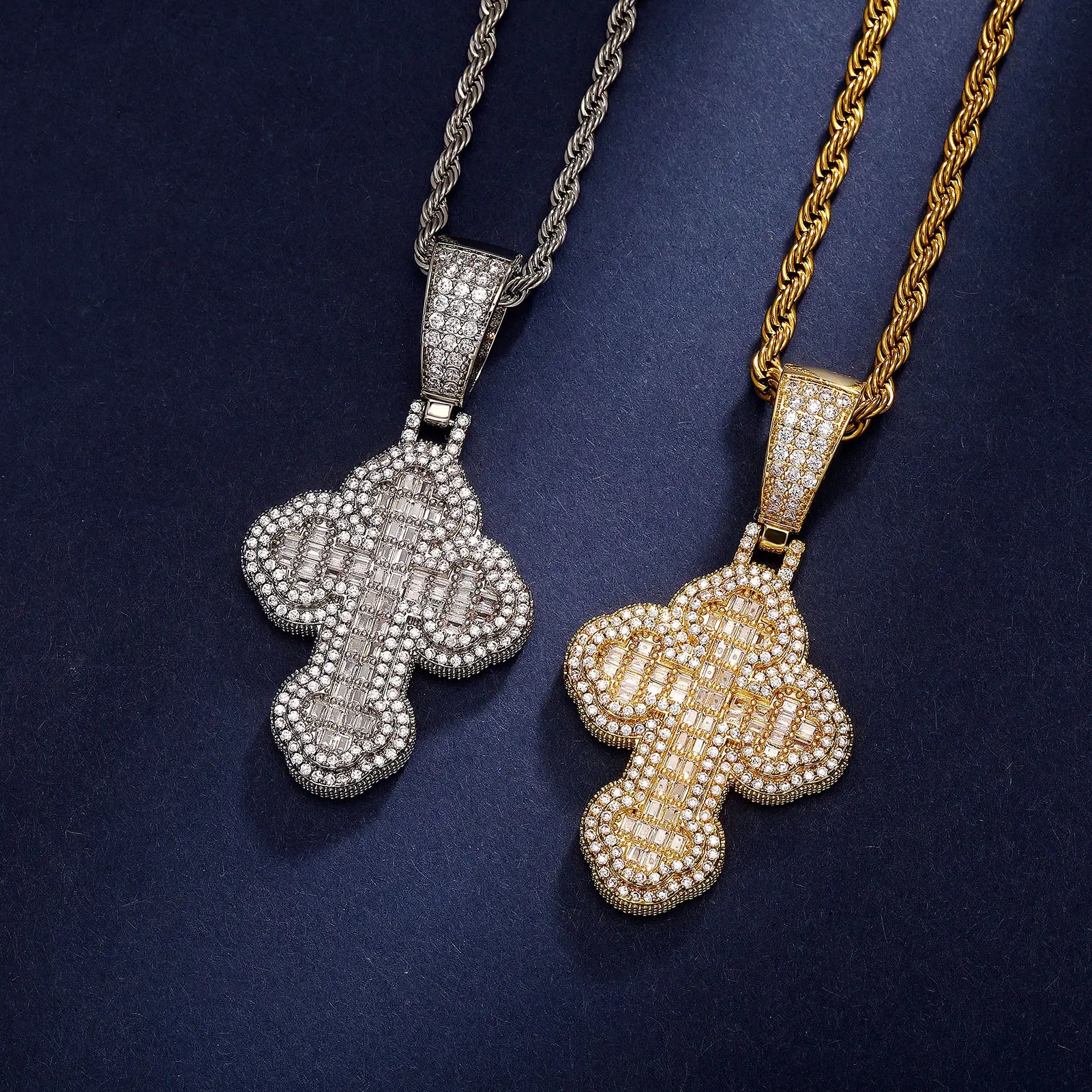 Baguette Clover Cross Pendant 14K