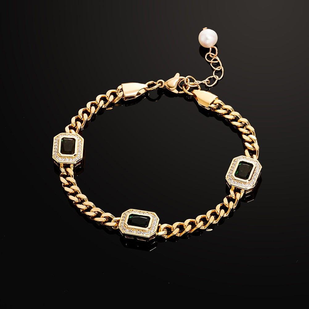 Halo Baguette Station Pearl Tail Cuban Bracelet 14K
