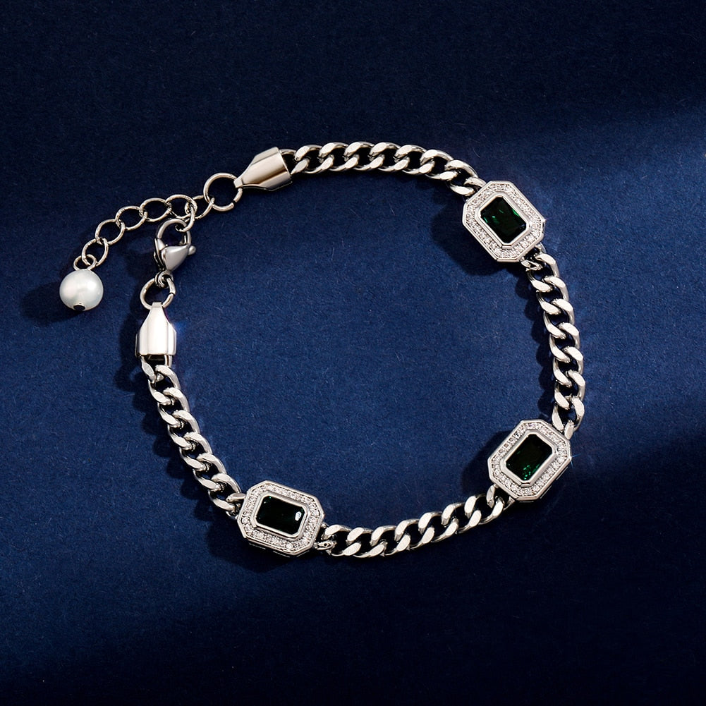 Halo Baguette Station Pearl Tail Cuban Bracelet 14K