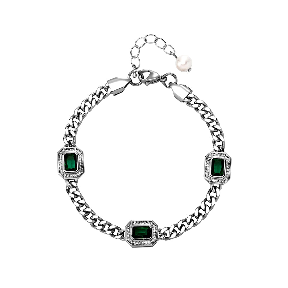 Halo Baguette Station Pearl Tail Cuban Bracelet 14K