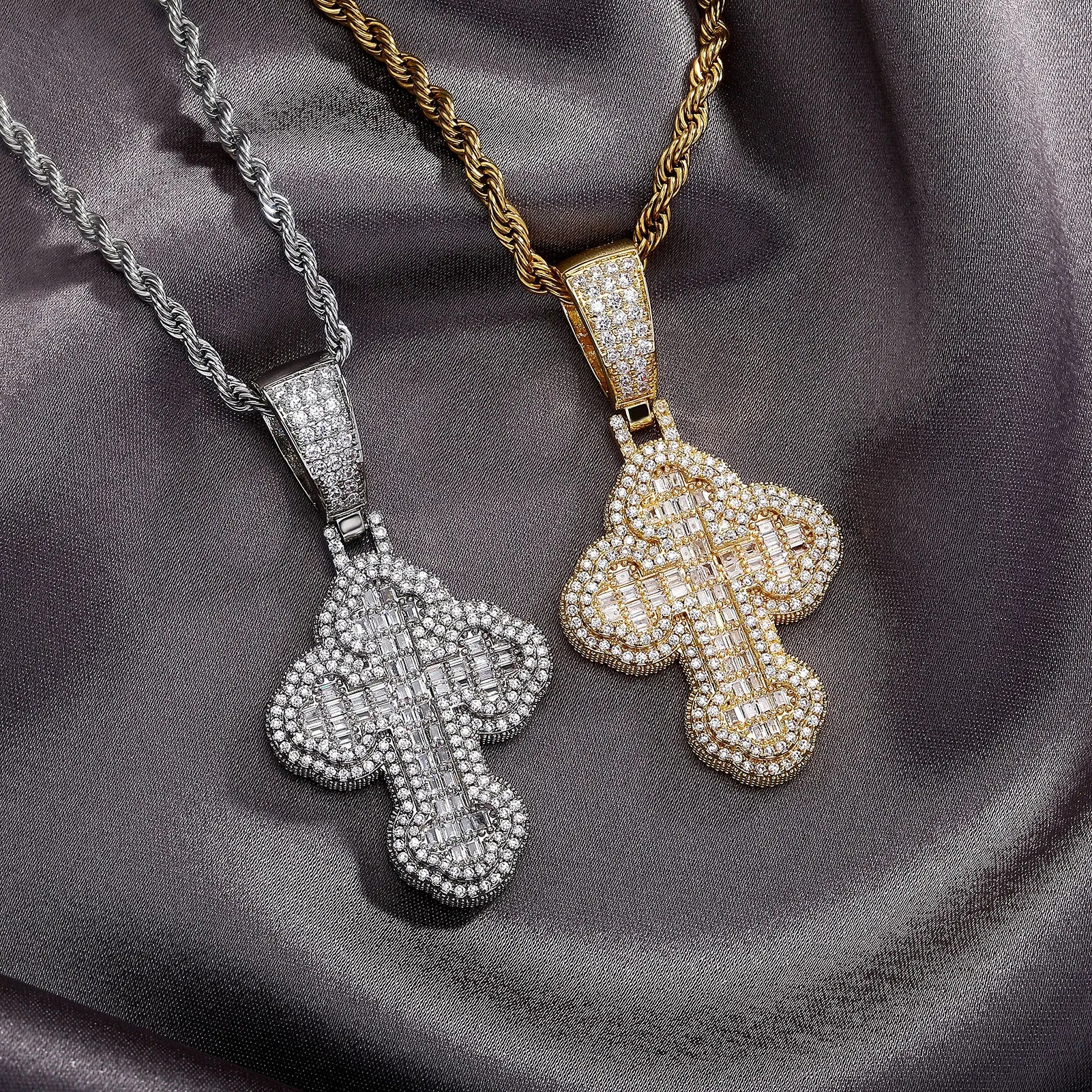 Baguette Clover Cross Pendant 14K