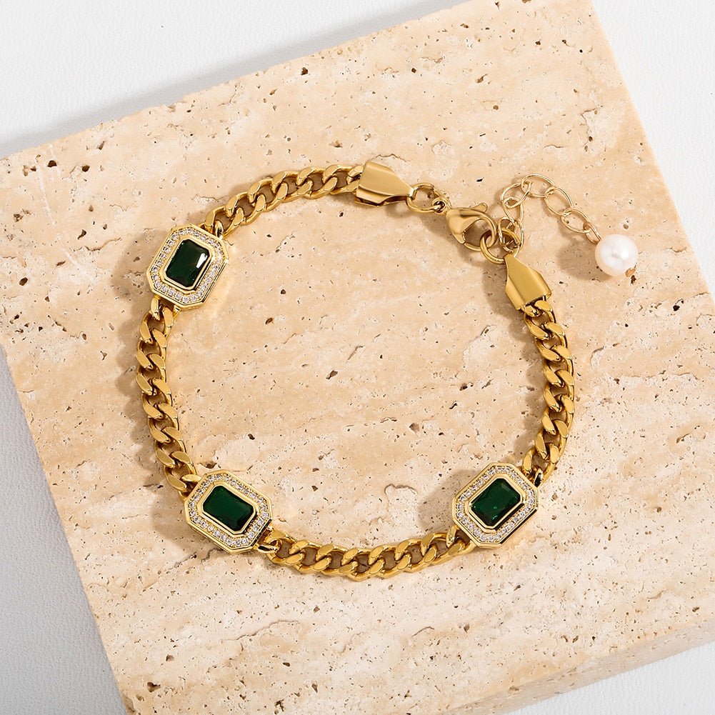 Halo Baguette Station Pearl Tail Cuban Bracelet 14K