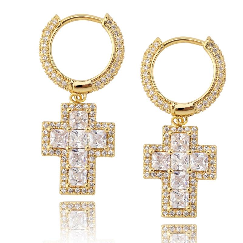 Baguette Cross Drop Earrings 18K - ICECI