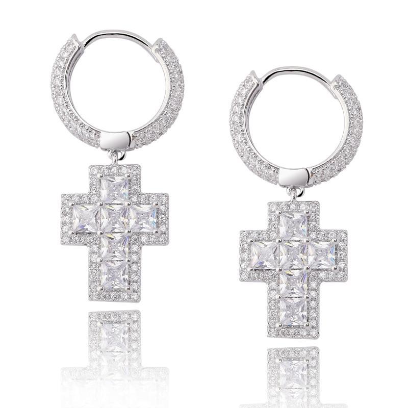 Baguette Cross Drop Earrings 18K - ICECI