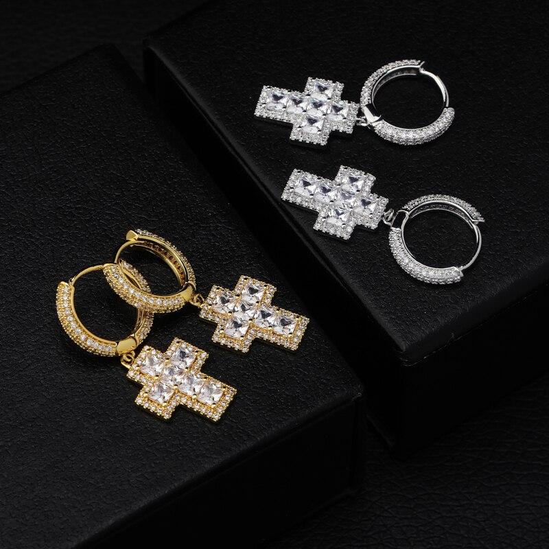 Baguette Cross Drop Earrings 18K - ICECI