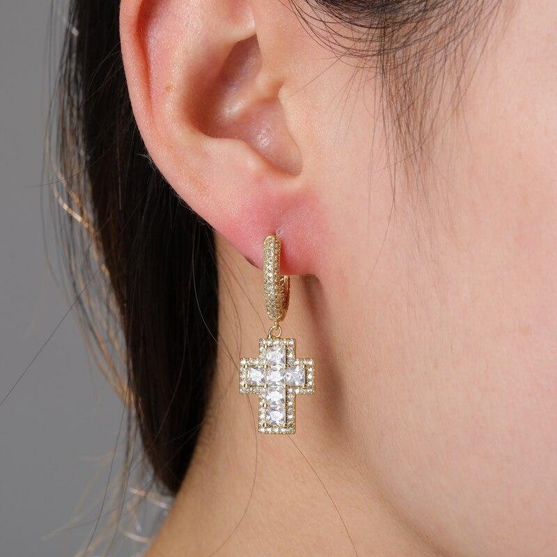 Baguette Cross Drop Earrings 18K - ICECI