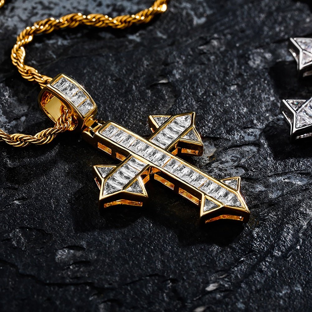 Channel Baguette Patonce Cross Pendant 14K - ICECI