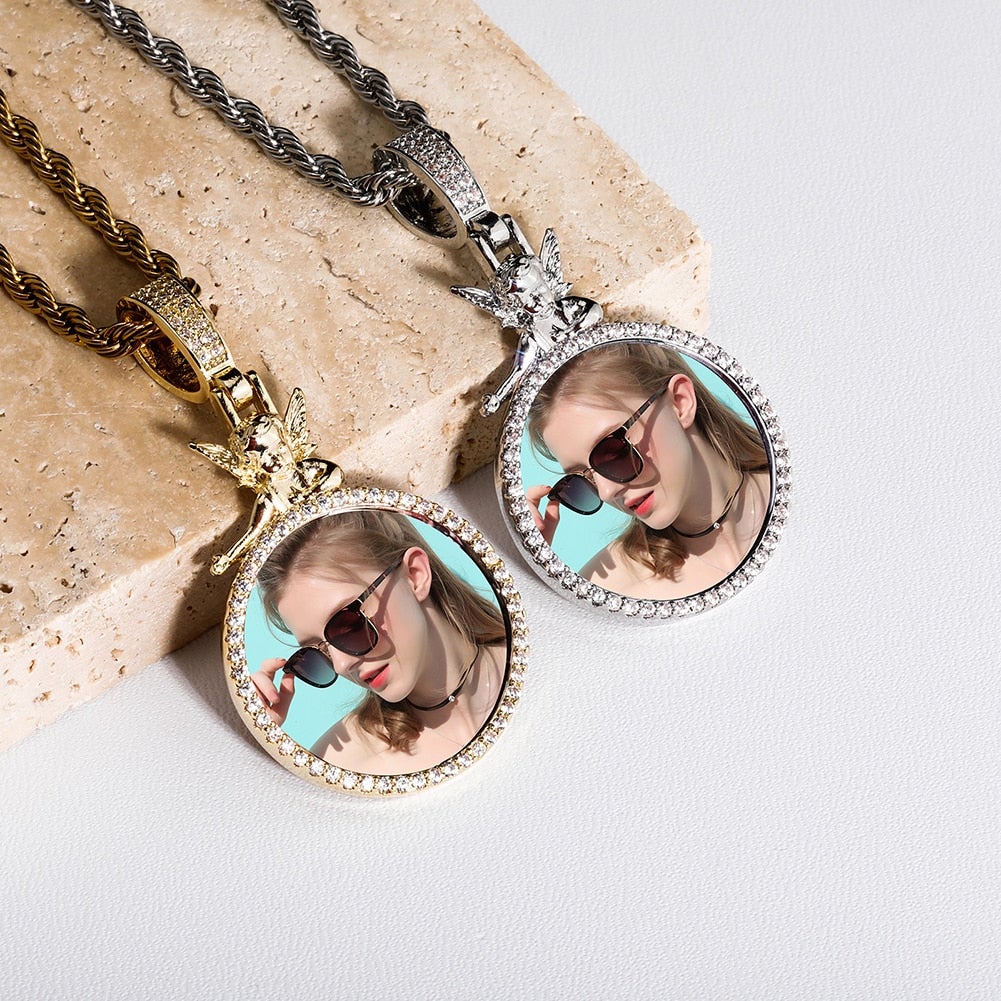 Custom Angel Photo Medallion Pendant 14K - ICECI