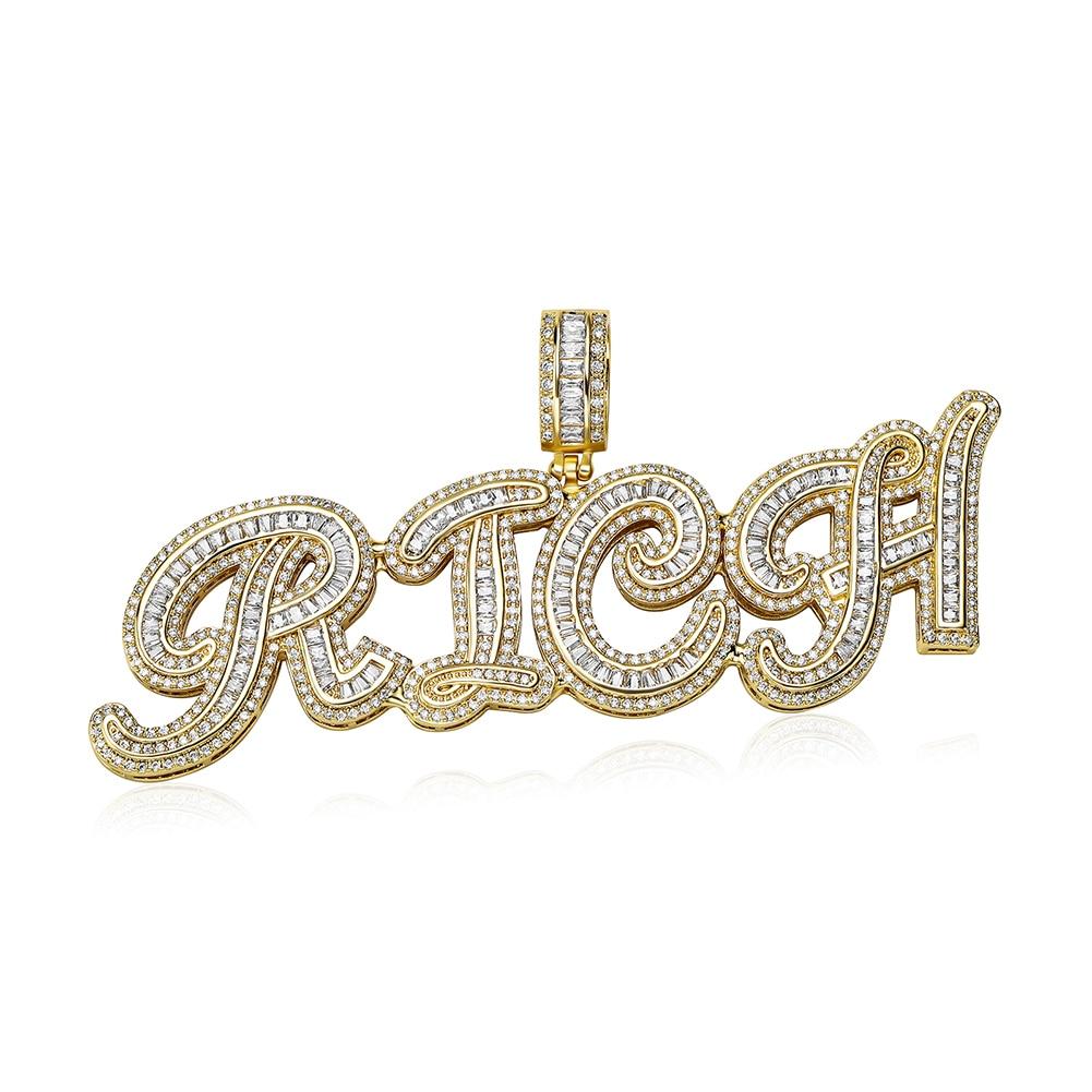 Custom Cursive Multi - Layer Baguette Font Pendant 14K - ICECI