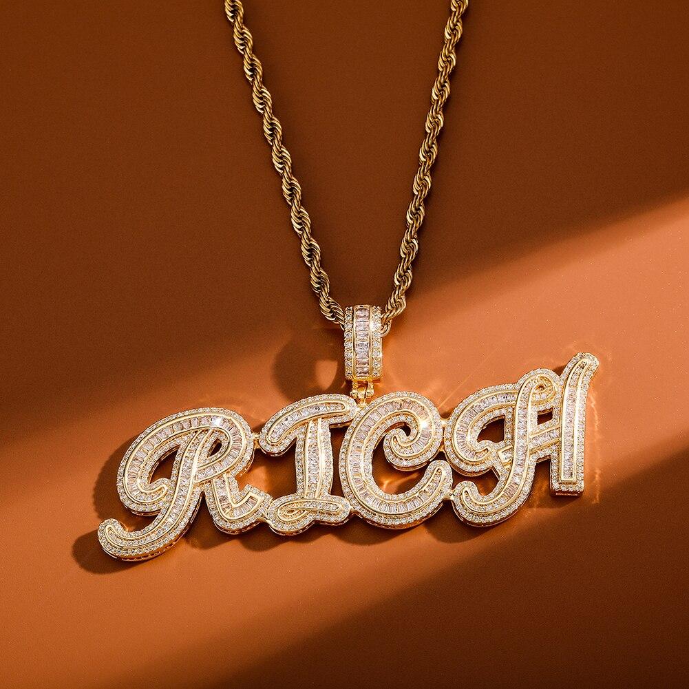 Custom Cursive Multi - Layer Baguette Font Pendant 14K - ICECI