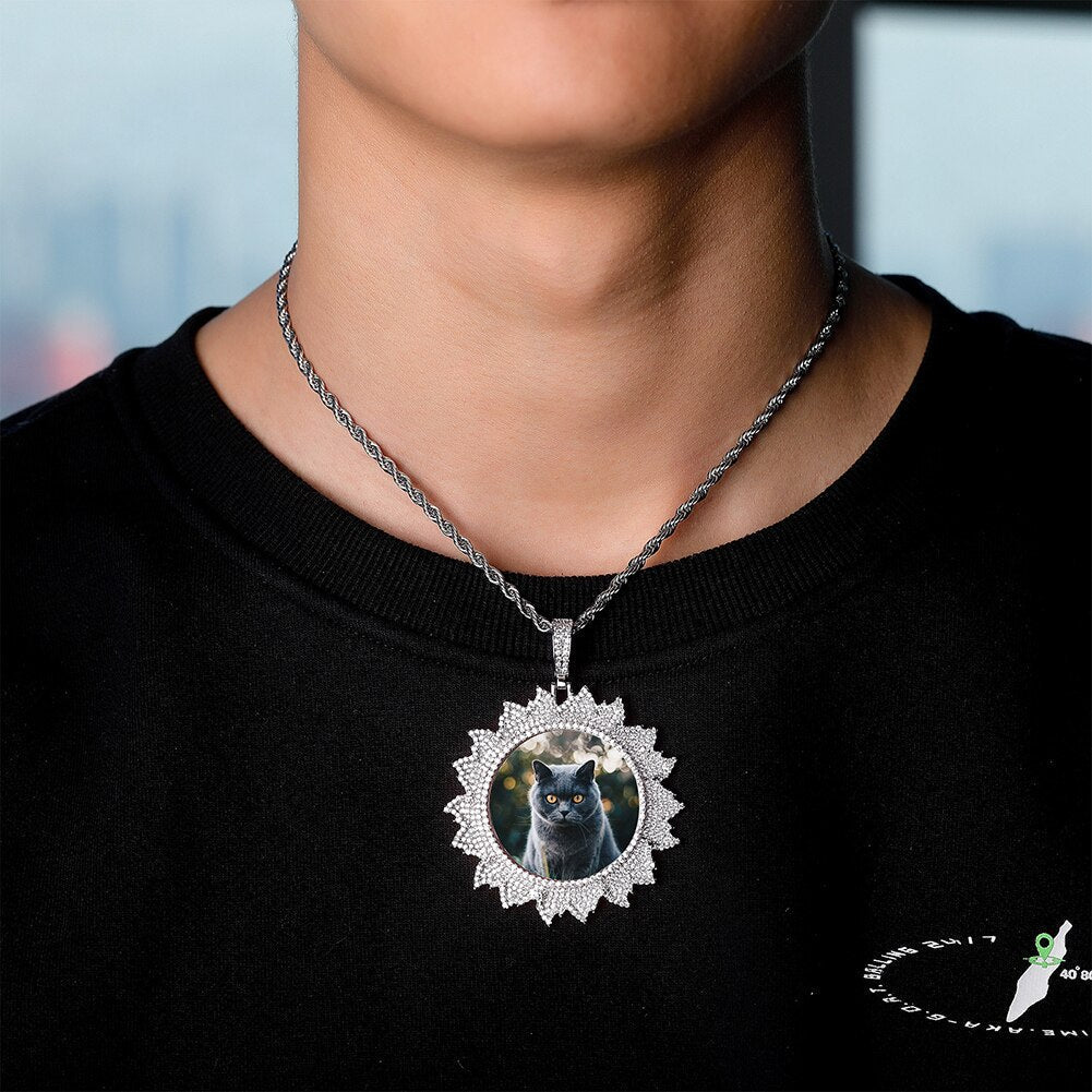 Custom Flames Photo Medallion Pendant 14K - ICECI