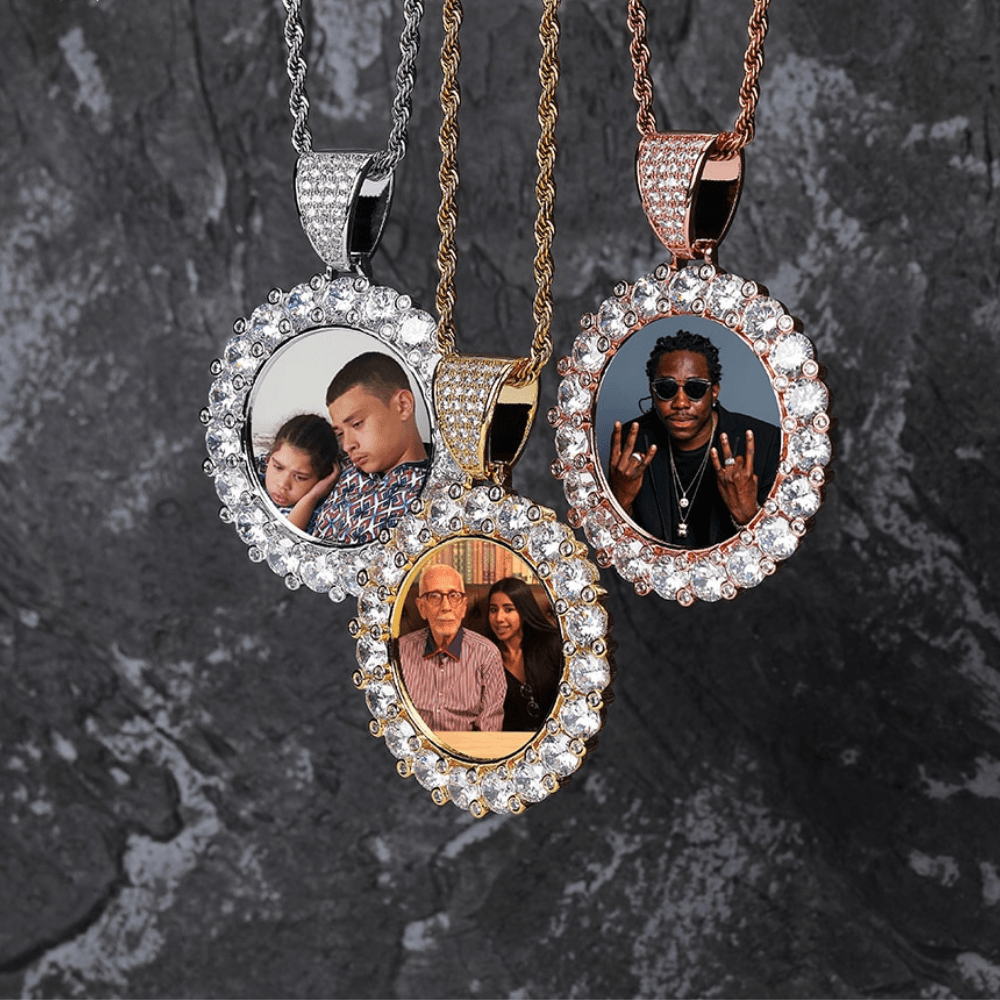 Custom Large Diamonds Photo Medallion Pendant 14K - ICECI