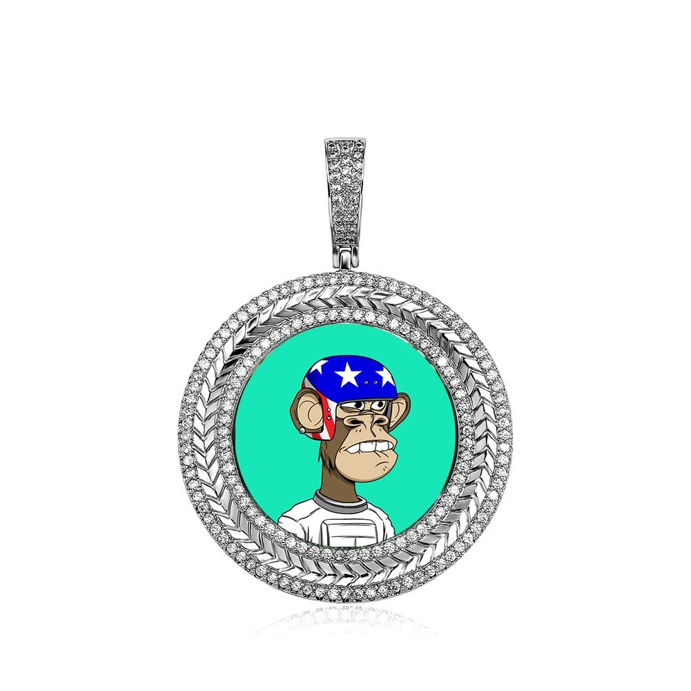 Custom Micro Pave Encircling Wheat Ear Photo Medallion Pendant 14K - ICECI