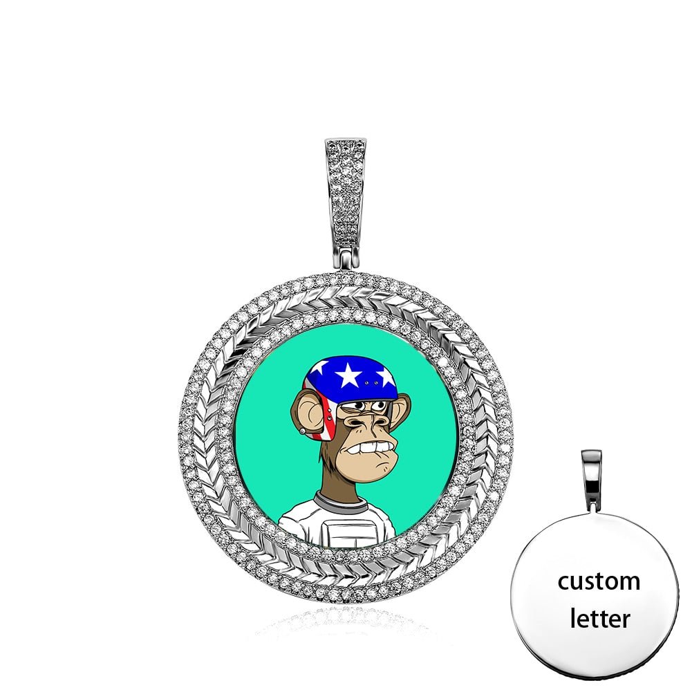 Custom Micro Pave Encircling Wheat Ear Photo Medallion Pendant 14K - ICECI