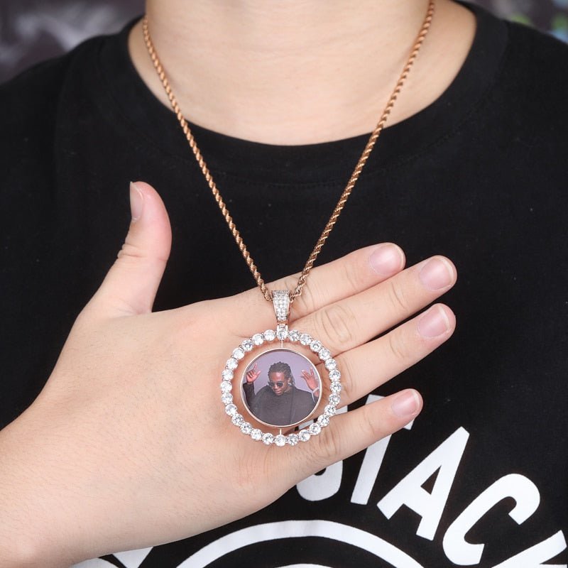Custom Rotating Two - Faced Photo Medallion Pendant 14K - ICECI