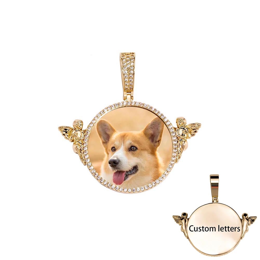 Custom Twin Angel Photo Medallion Pendant 14K - ICECI