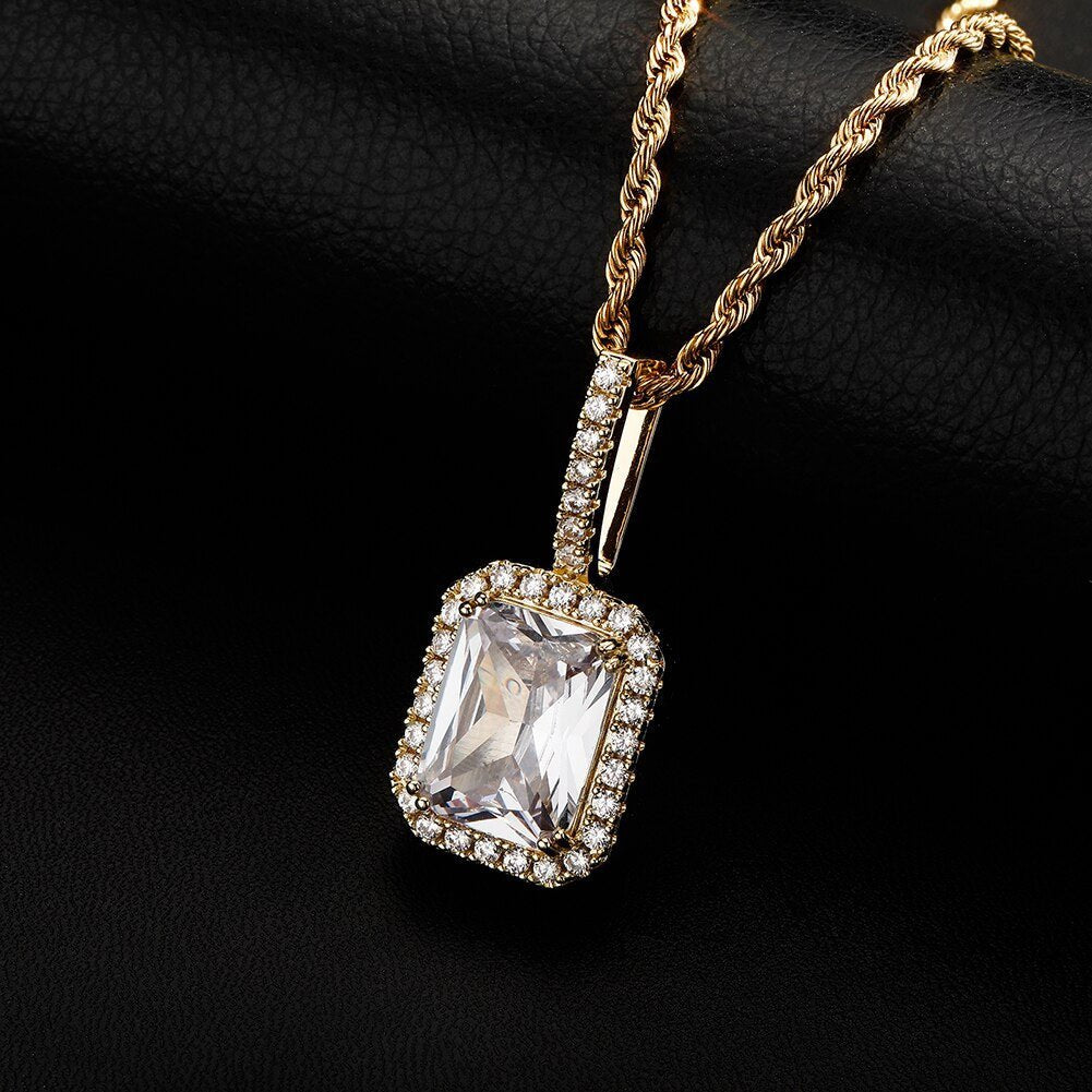 Diamond Halo Rectangle Pendant 14K - ICECI