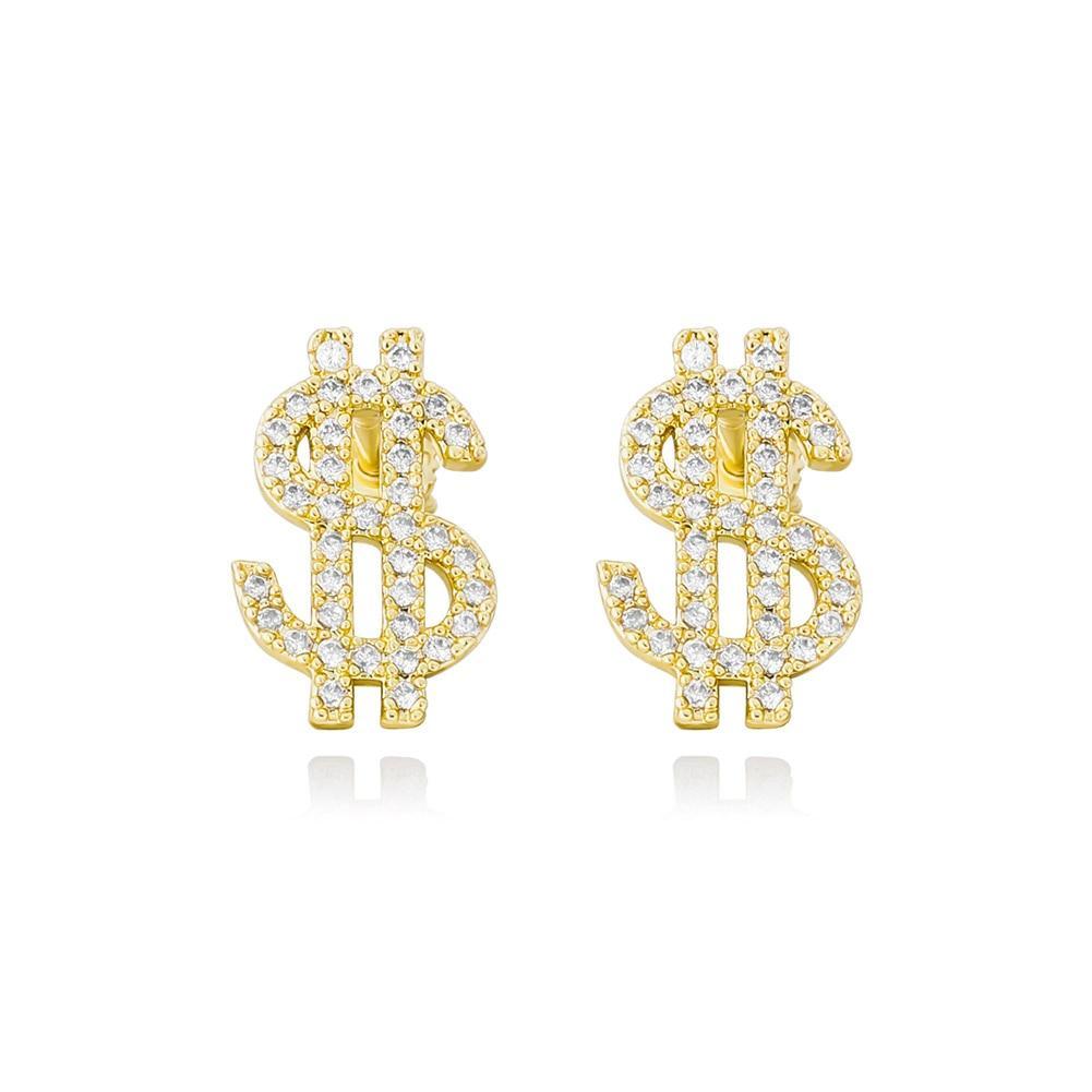 Dollar Sign Stud Earrings 14K X Sterling Silver - ICECI