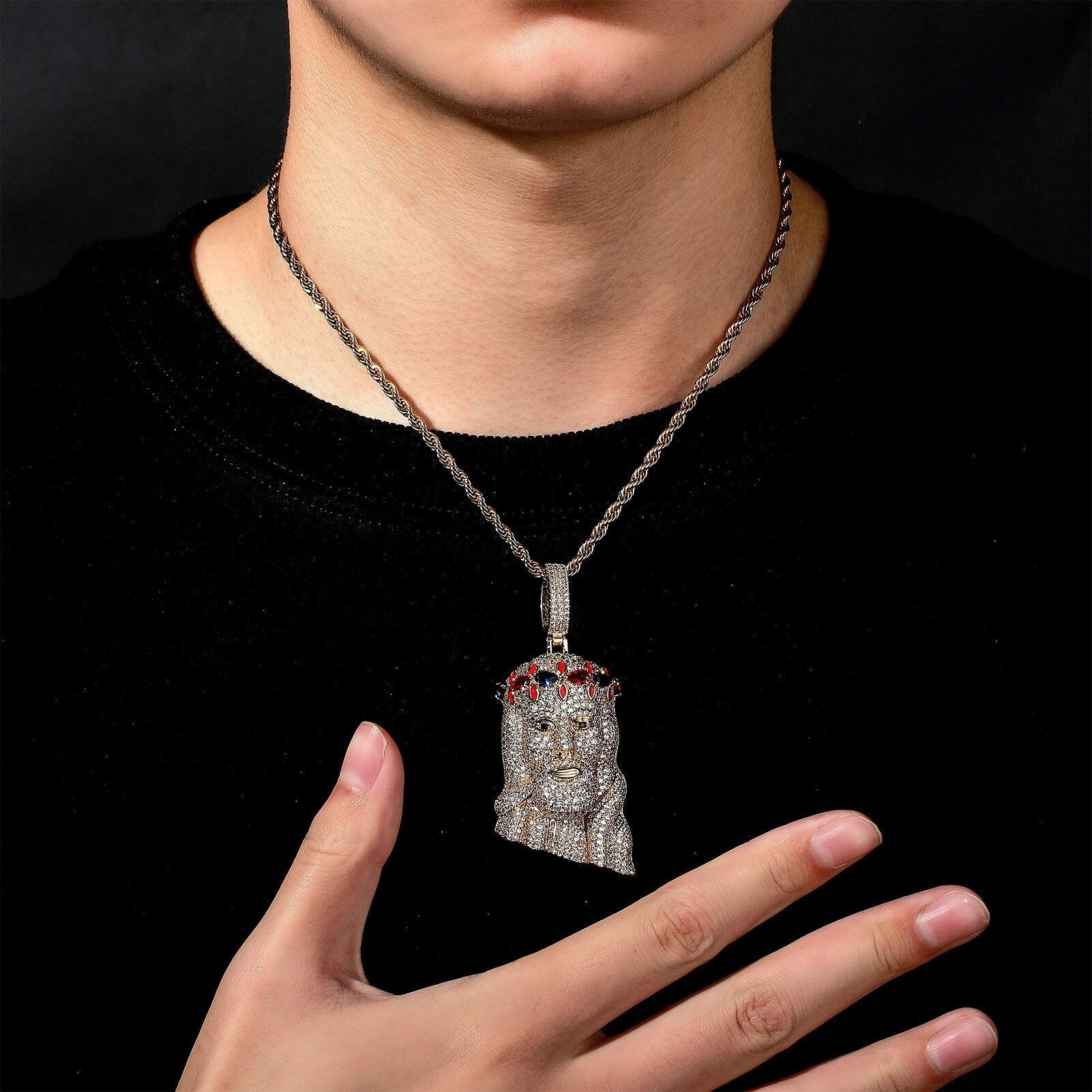 Gemstone Crown Jesus Pendant 14K - ICECI