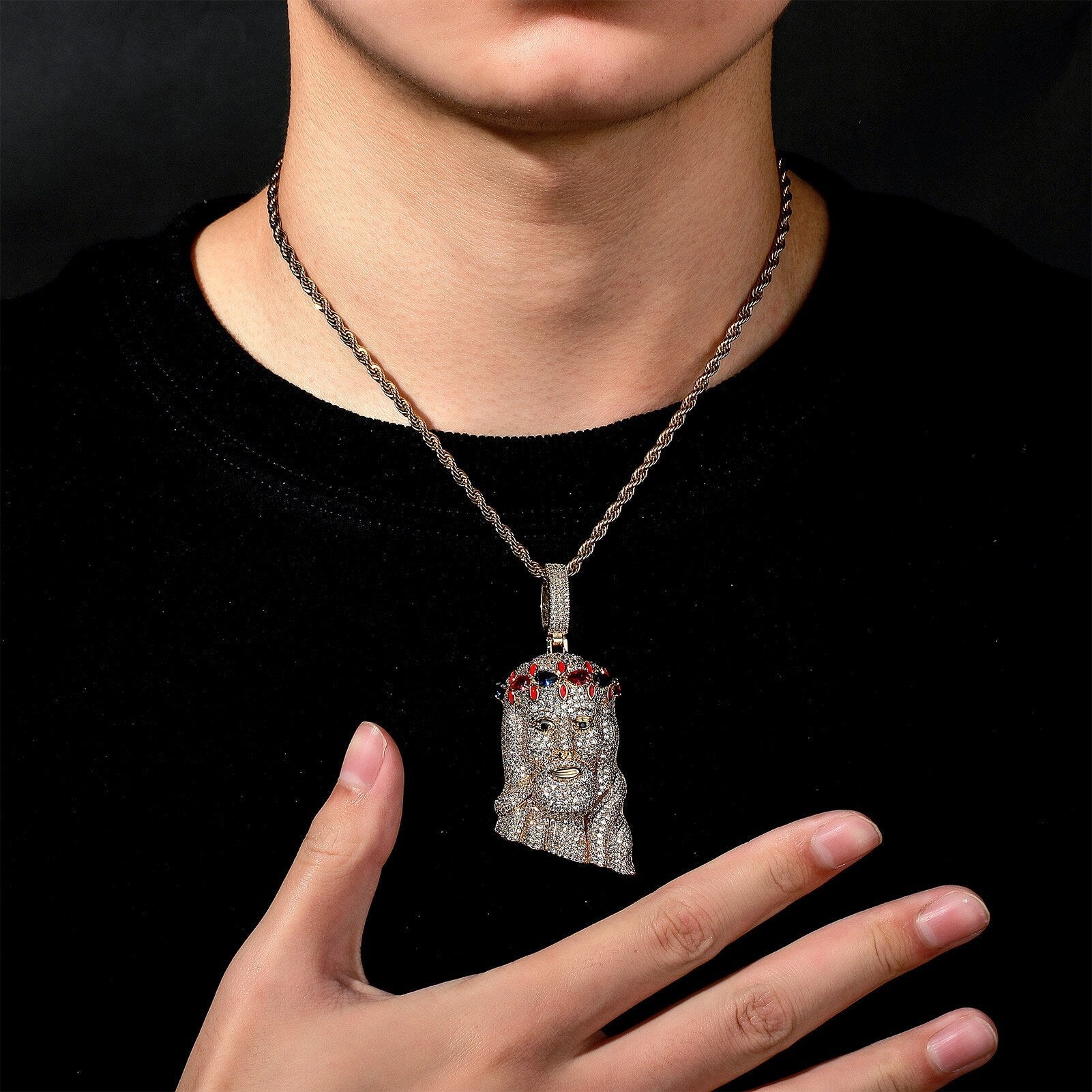 Gemstone Crown Jesus Pendant 14K - ICECI