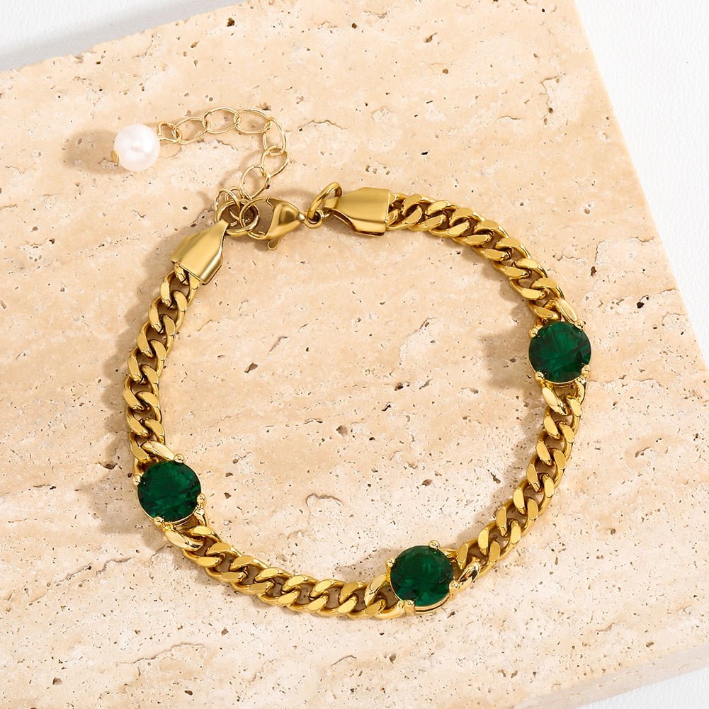 Gemstone Station Pearl Tail Cuban Bracelet 14K - ICECI