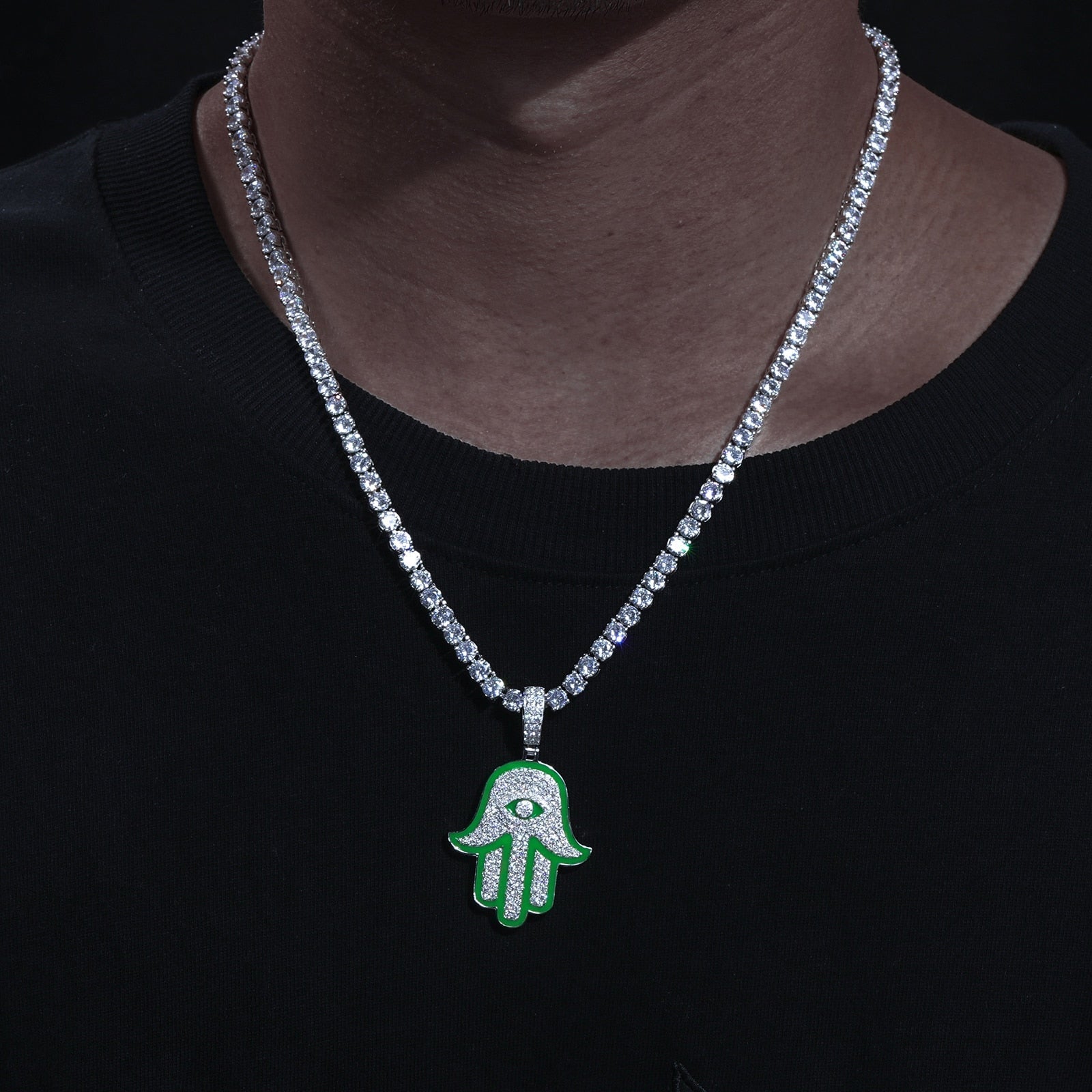 Glowing Hamsa Hand Pendant 18K x Moissanite - ICECI