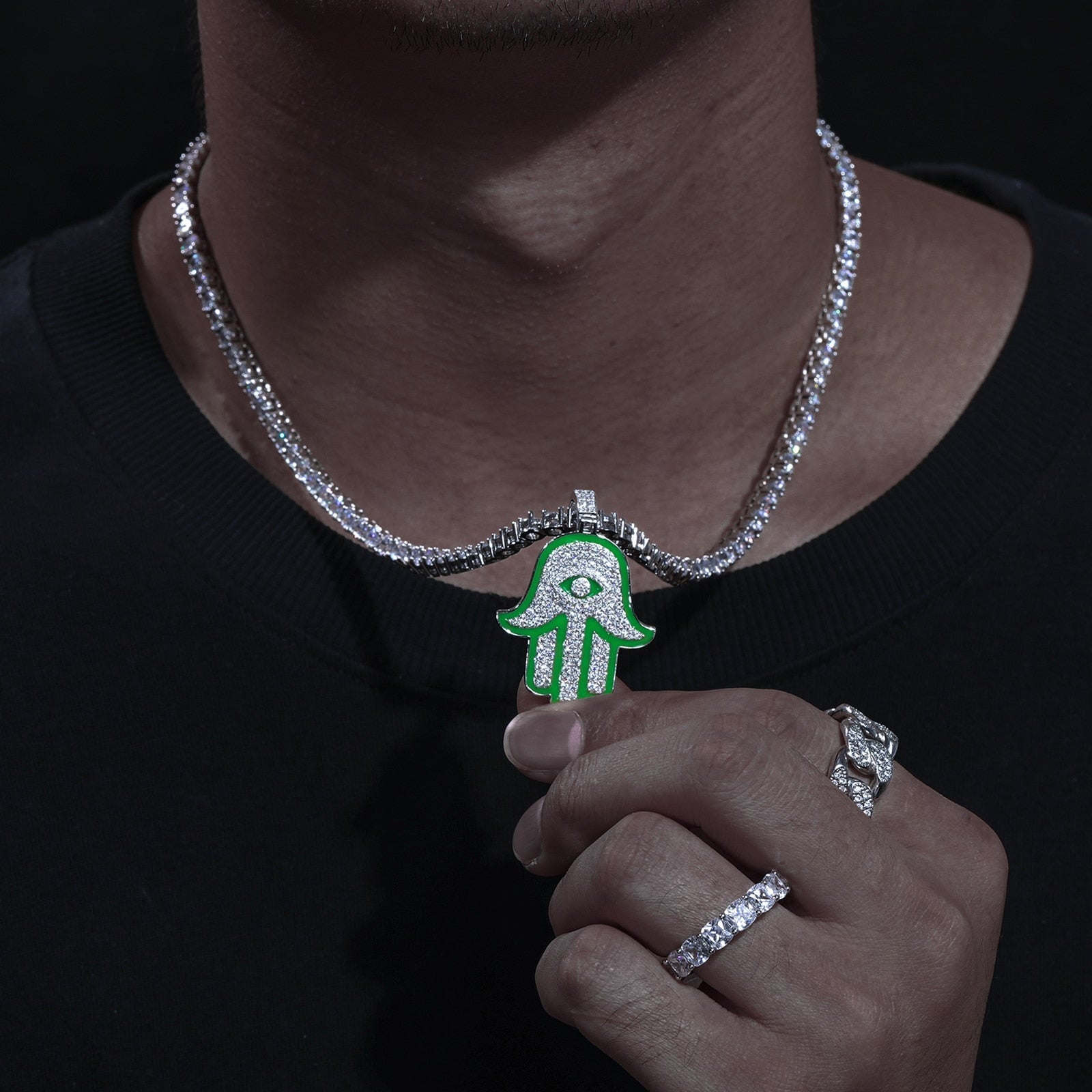 Glowing Hamsa Hand Pendant 18K x Moissanite - ICECI