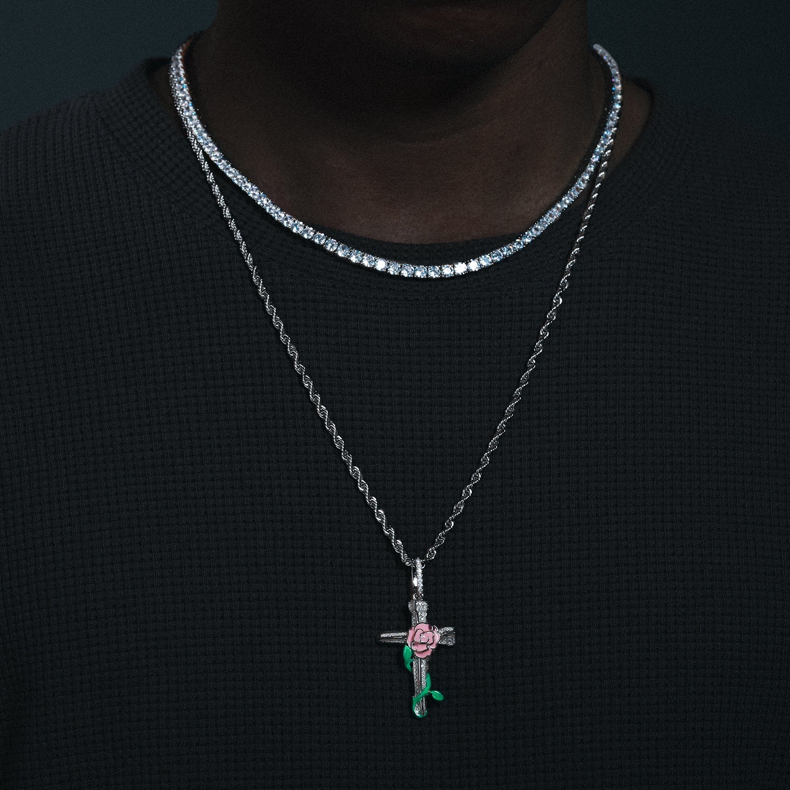 Glowing Rose Flower Cross Pendant 18K x Moissanite - ICECI