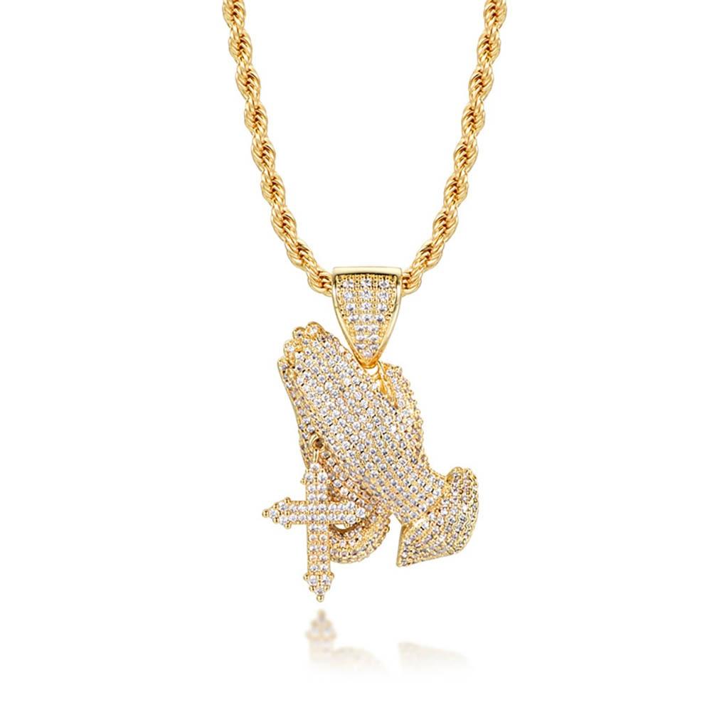 Gold Praying Hands Cross Pendant 14K - ICECI