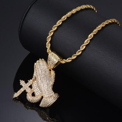Gold Praying Hands Cross Pendant 14K - ICECI