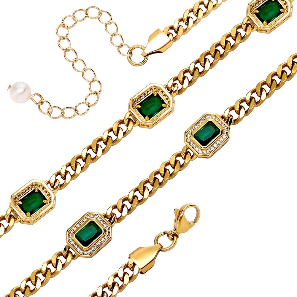 Halo Baguette Station Pearl Tail Cuban Bracelet 14K - ICECI