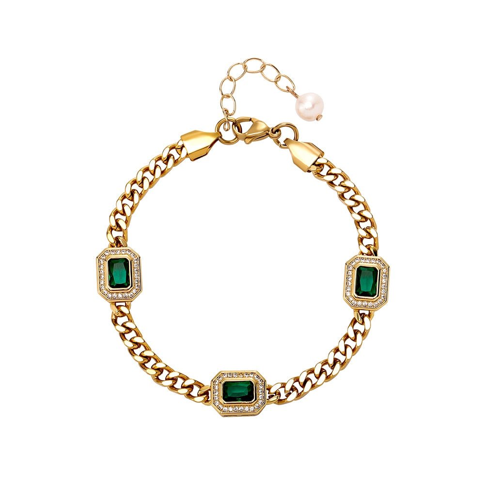 Halo Baguette Station Pearl Tail Cuban Bracelet 14K - ICECI