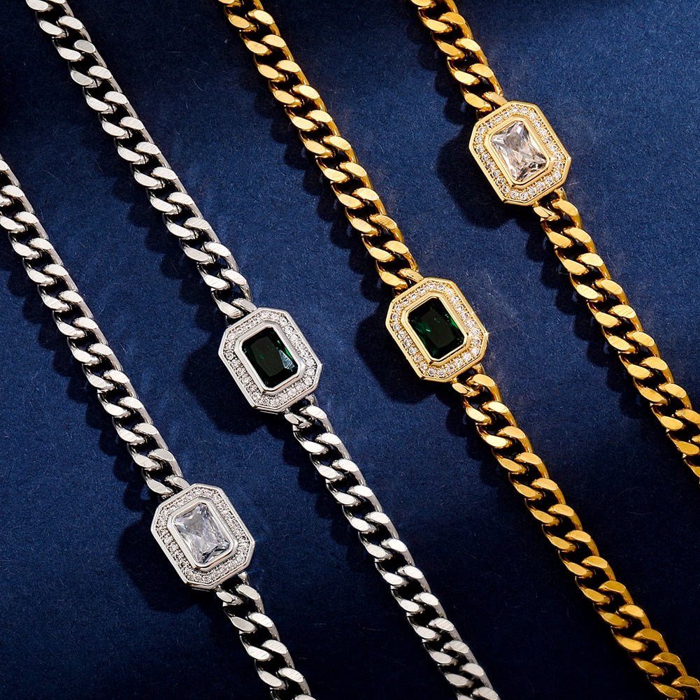 Halo Baguette Station Pearl Tail Cuban Chain 14K - ICECI