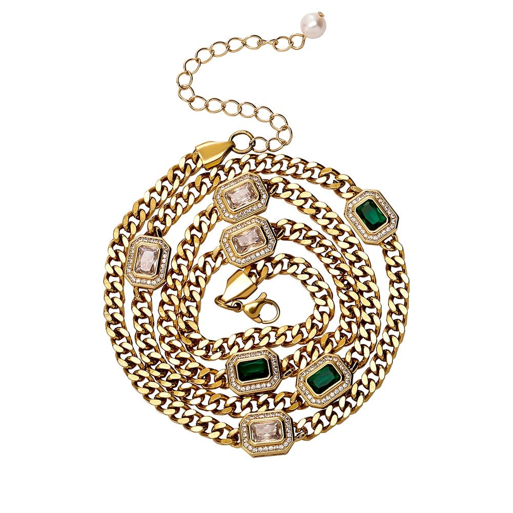 Halo Baguette Station Pearl Tail Cuban Chain 14K - ICECI