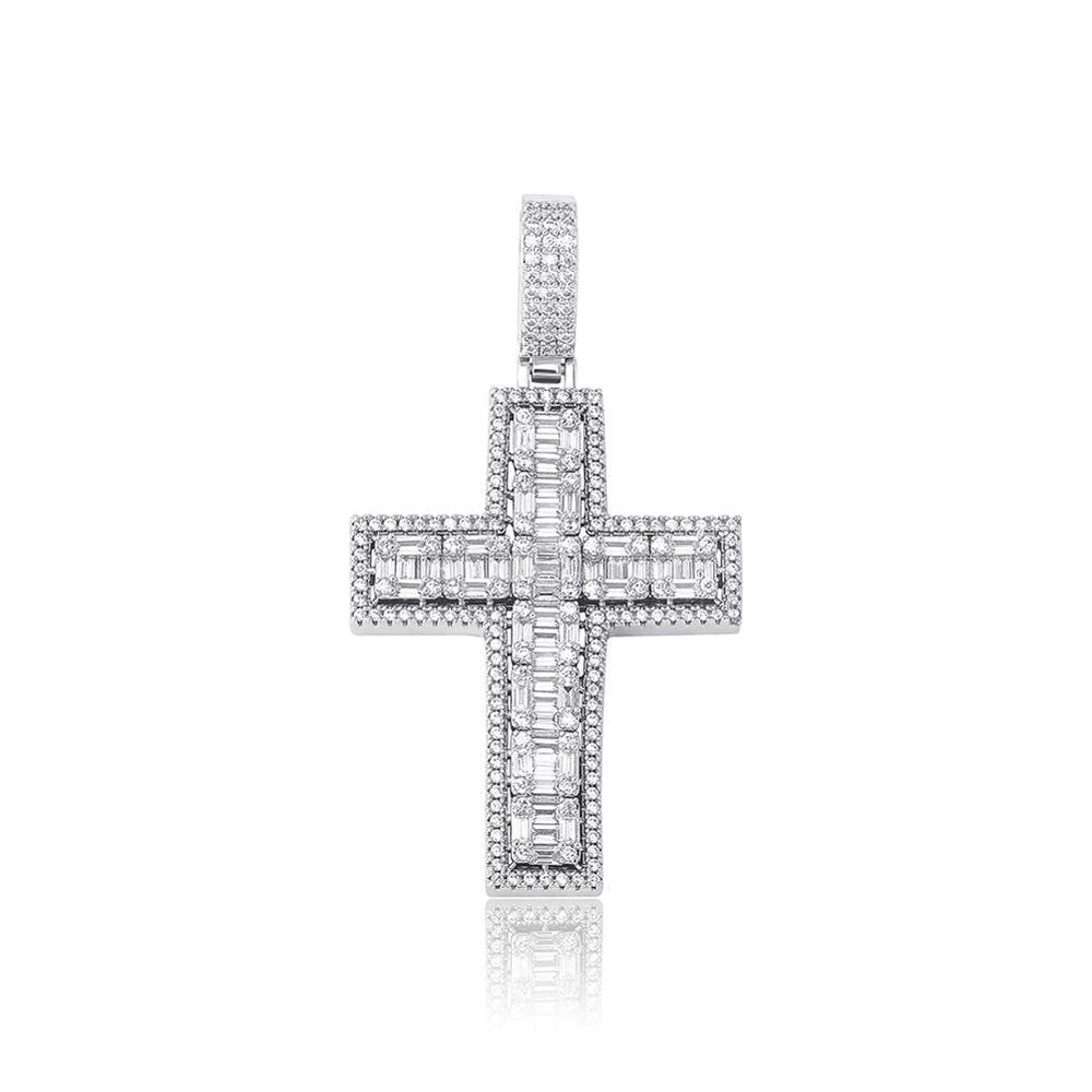 Halo Clustered Baguette Cross Pendant 14K - ICECI