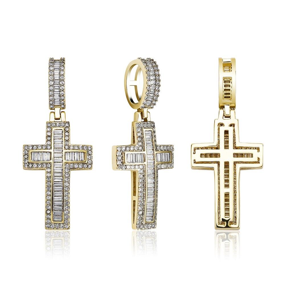 Halo Emerald Baguette Cross Pendant 14K - ICECI