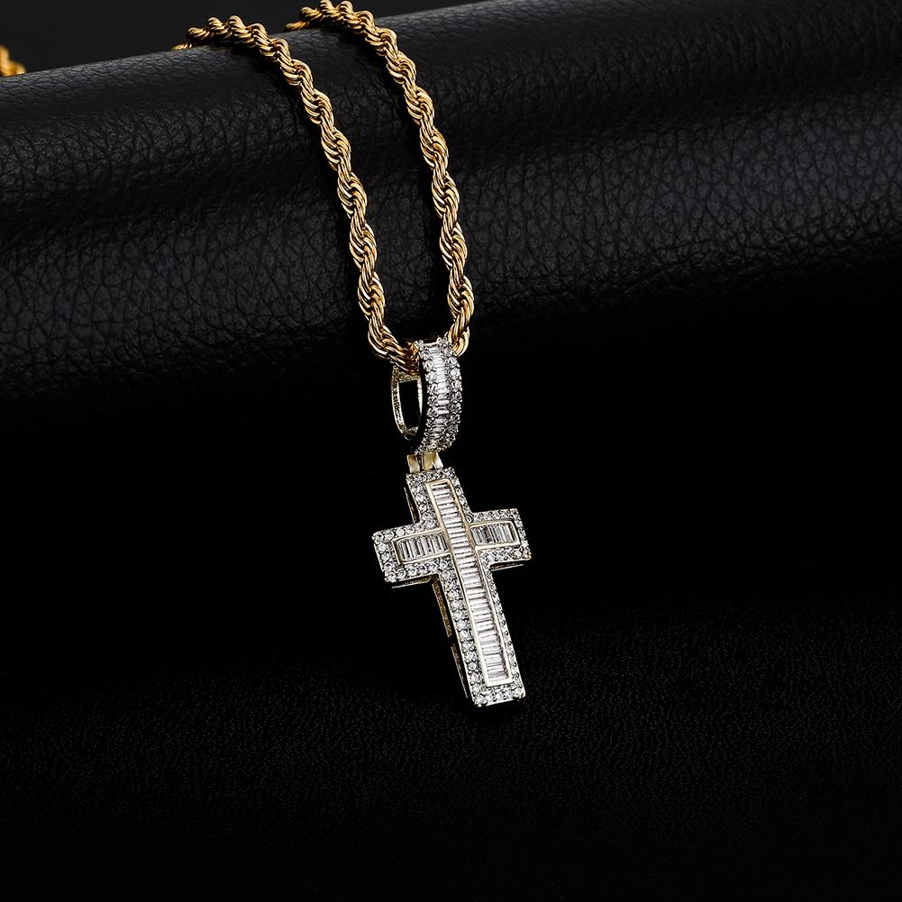 Halo Emerald Baguette Cross Pendant 14K - ICECI