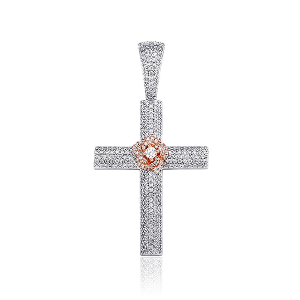 Micro Pave Rose Cross Pendant 14K - ICECI