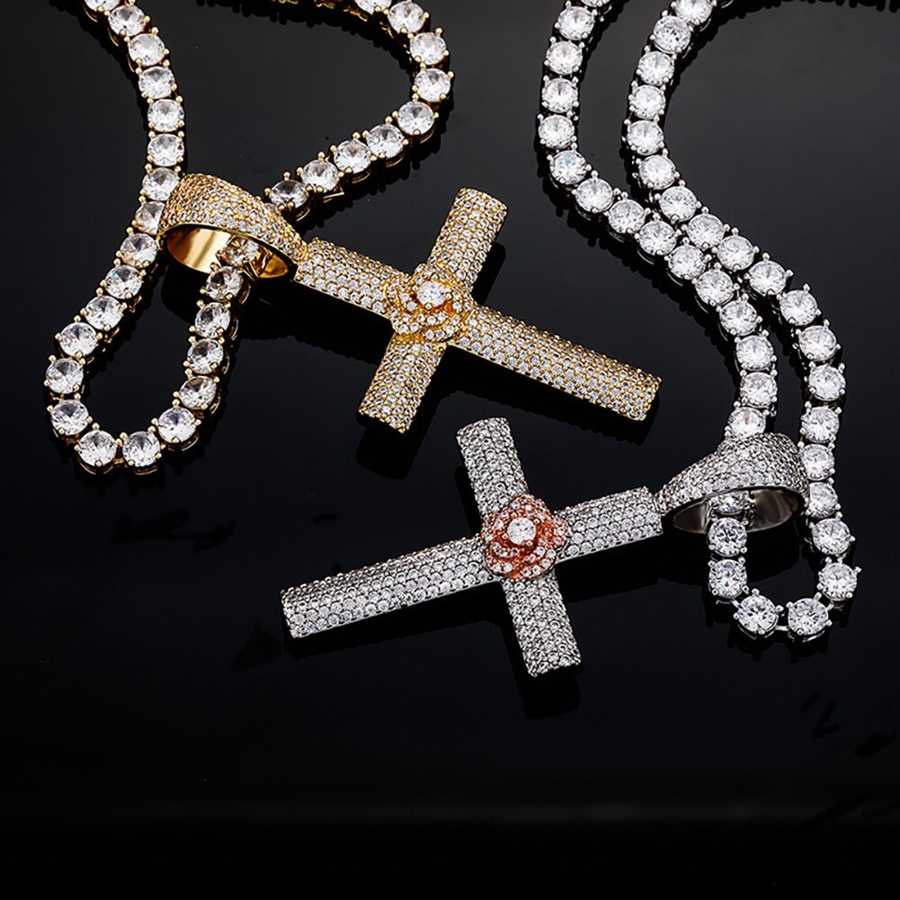 Micro Pave Rose Cross Pendant 14K - ICECI