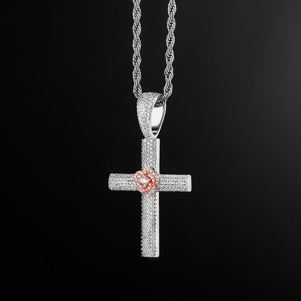 Micro Pave Rose Cross Pendant 14K - ICECI