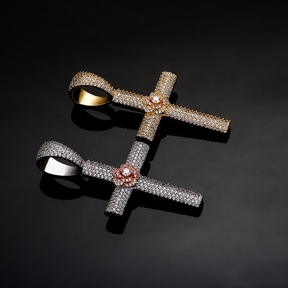 Micro Pave Rose Cross Pendant 14K - ICECI