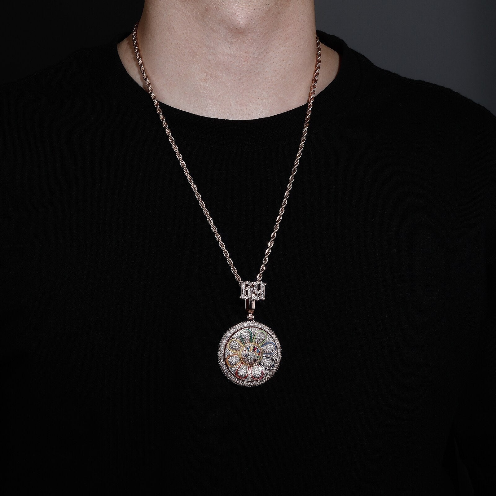 Small 69 Rotating Smile Sunflower Pendant 14K - ICECI