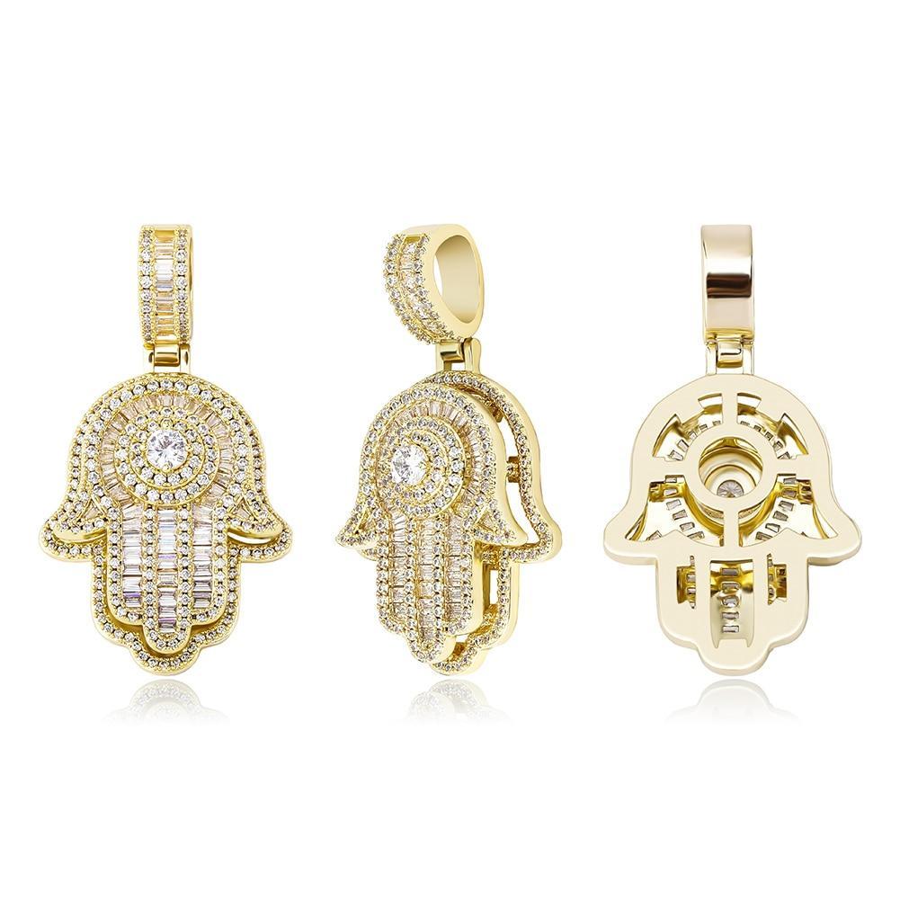 Solitaire Baguette Hamsa Pendant 14K - ICECI
