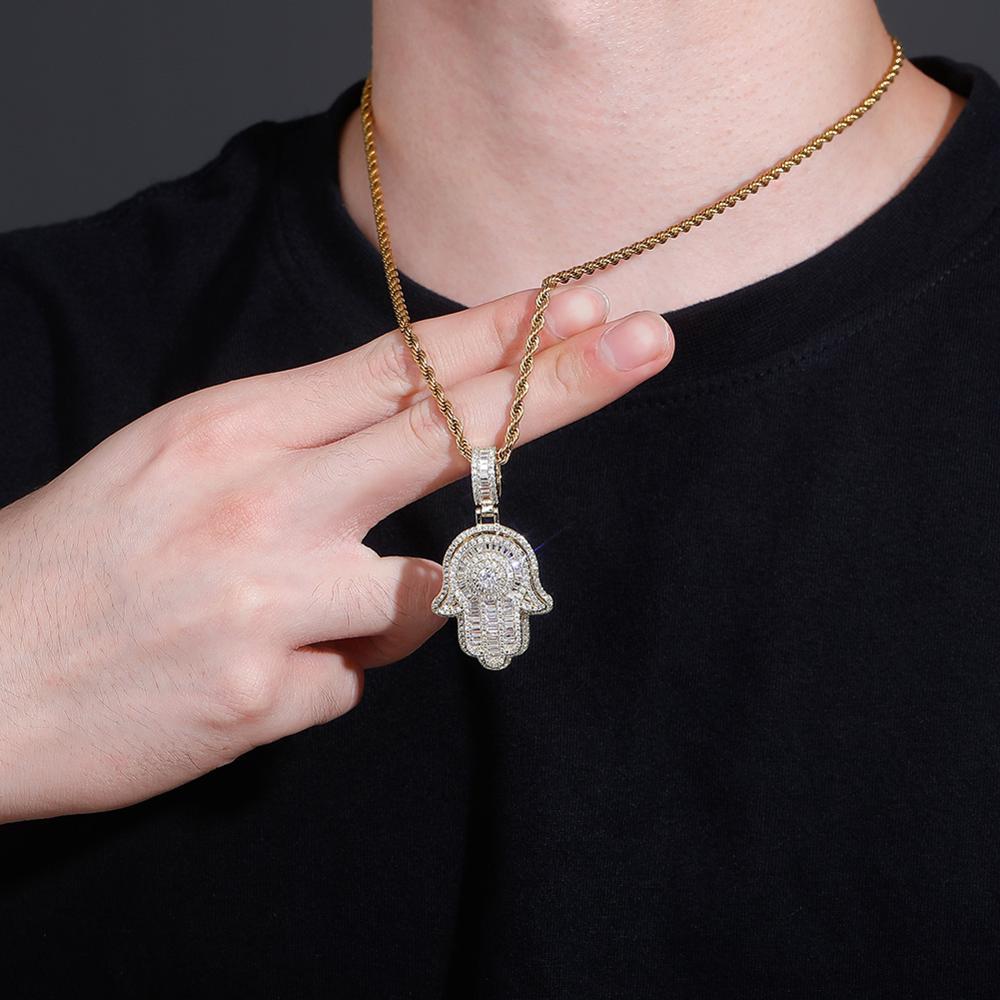 Solitaire Baguette Hamsa Pendant 14K - ICECI