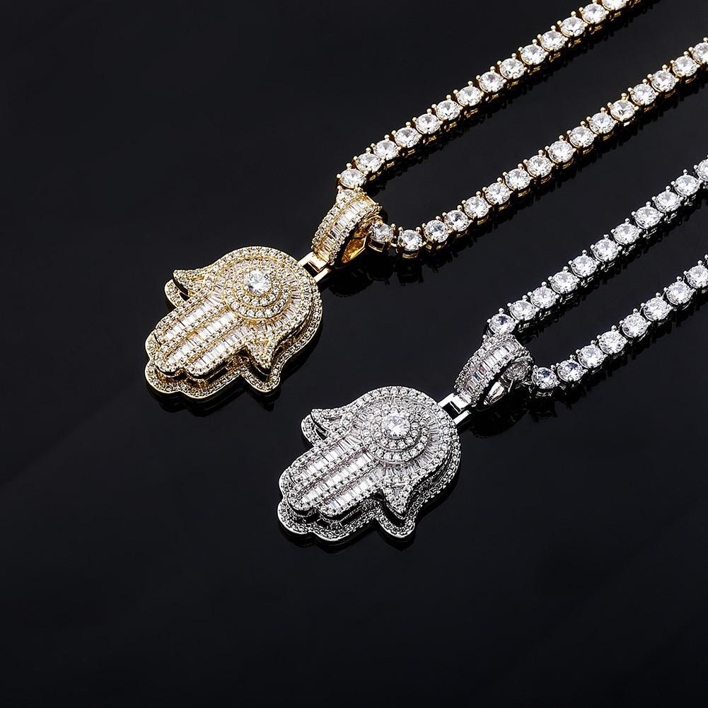 Solitaire Baguette Hamsa Pendant 14K - ICECI