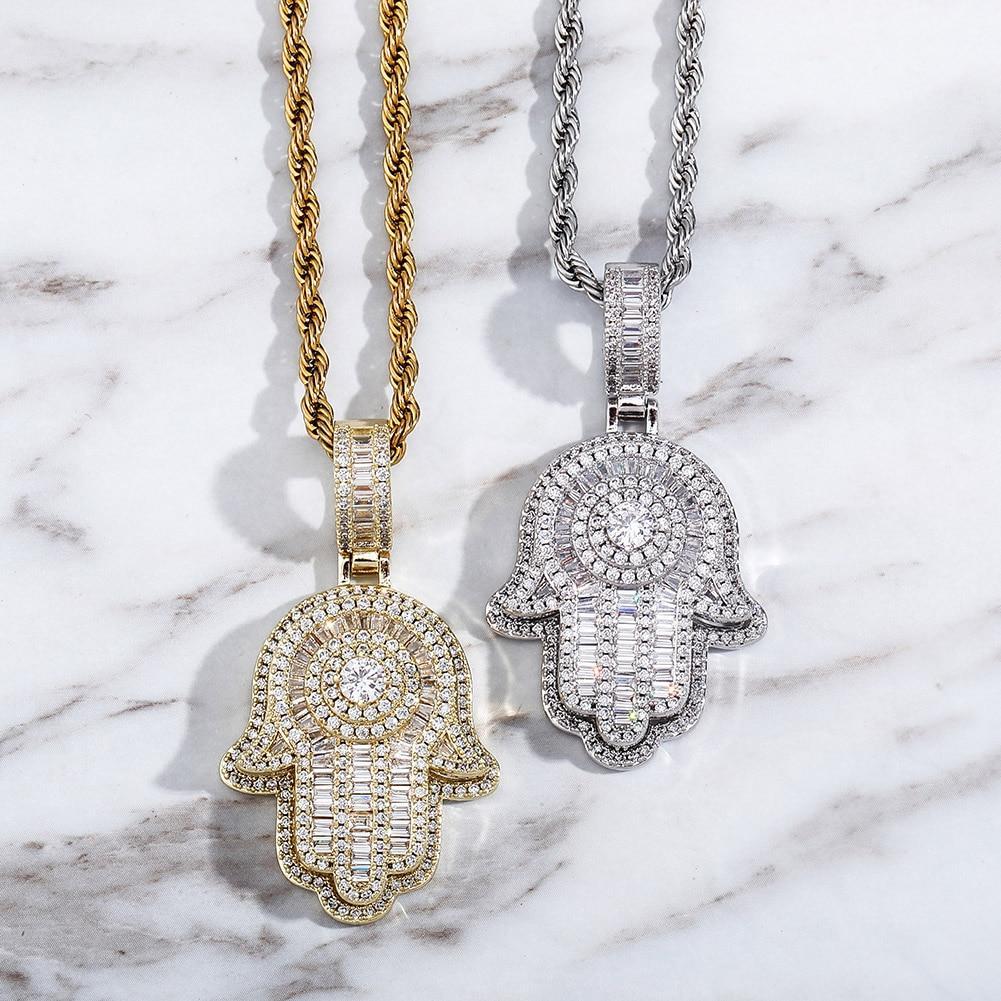 Solitaire Baguette Hamsa Pendant 14K - ICECI