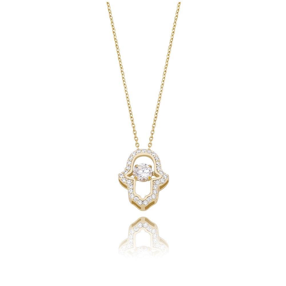Solitaire Hamsa Hand Pendant 14K x Sterling Silver - ICECI